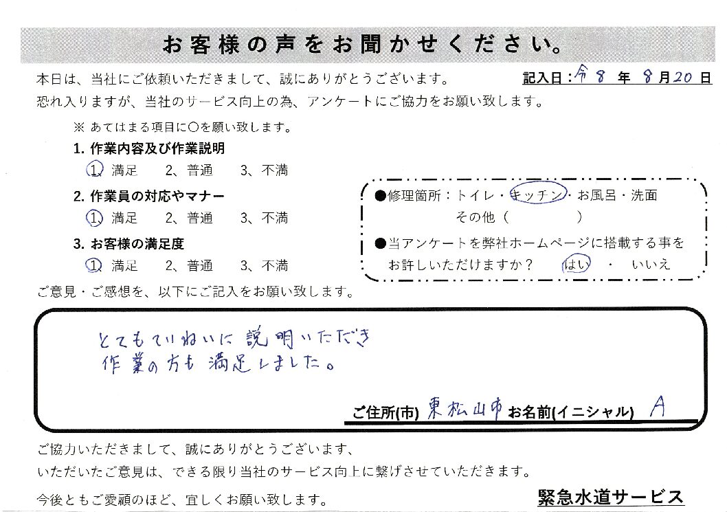 埼玉県東松山市にてキッチンの水漏れ修理施工後アンケート