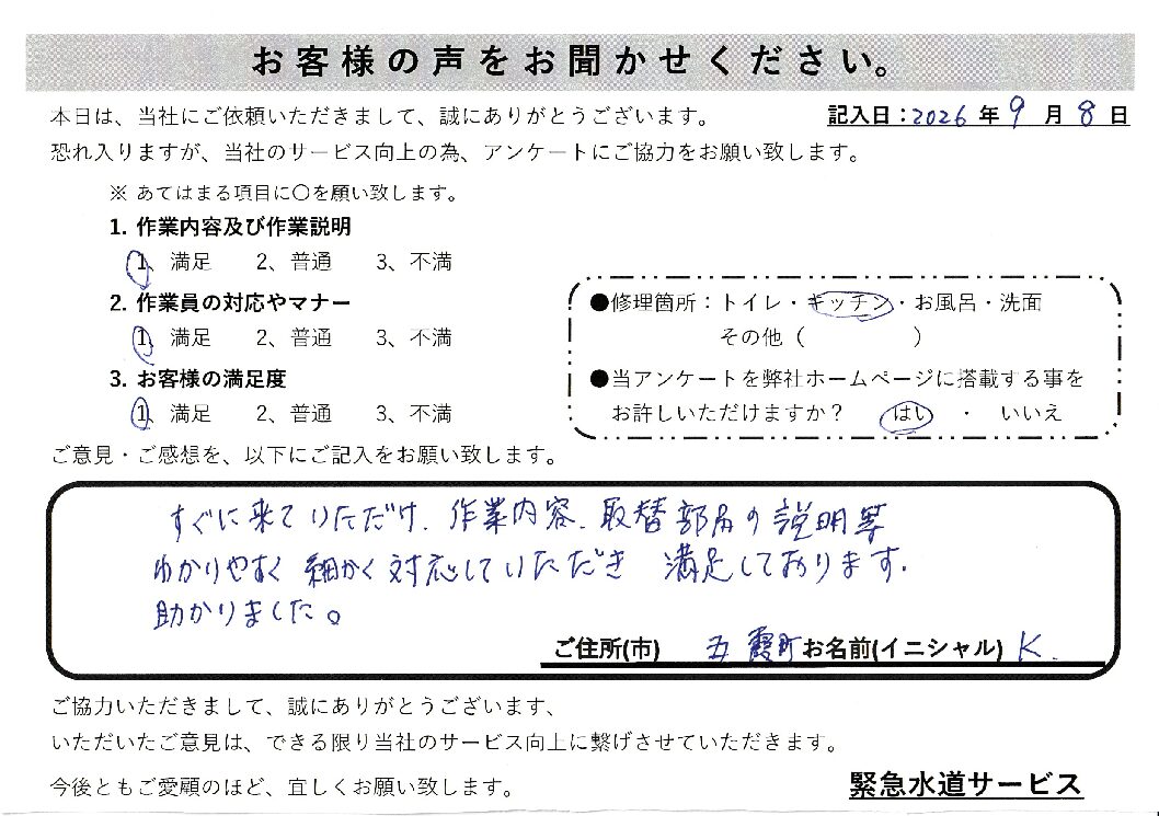茨城県猿島郡五霞町にてキッチン蛇口水漏れ修理施工後アンケート